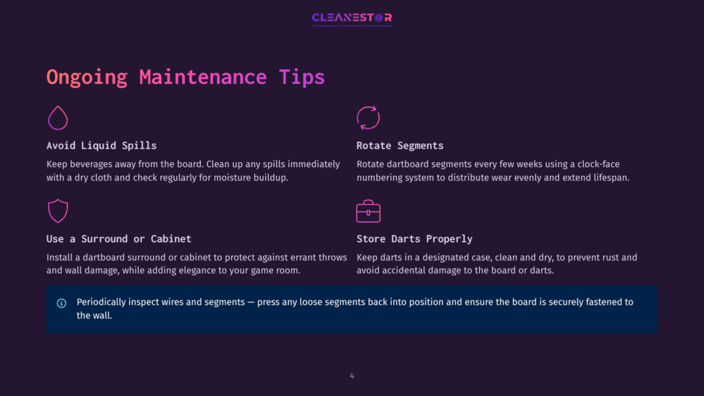 Ongoing Maintenance Tips For Dartboards, Featuring Icons For Liquid Spills, Rotating Segments, Surrounds, And Dart Storage. Text Advises On Cleaning, Wear, And Protection.