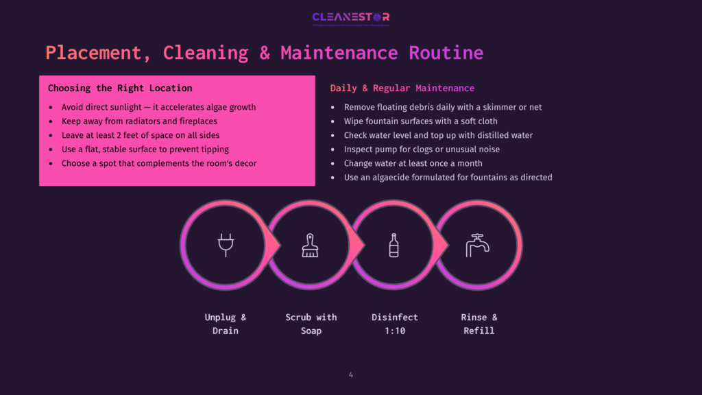 A Circular Infographic With Five Steps For Fountain Placement, Cleaning, And Maintenance. The Steps Include Unplugging And Draining, Scrubbing With Soap, Disinfecting, Rinsing, And Refilling.