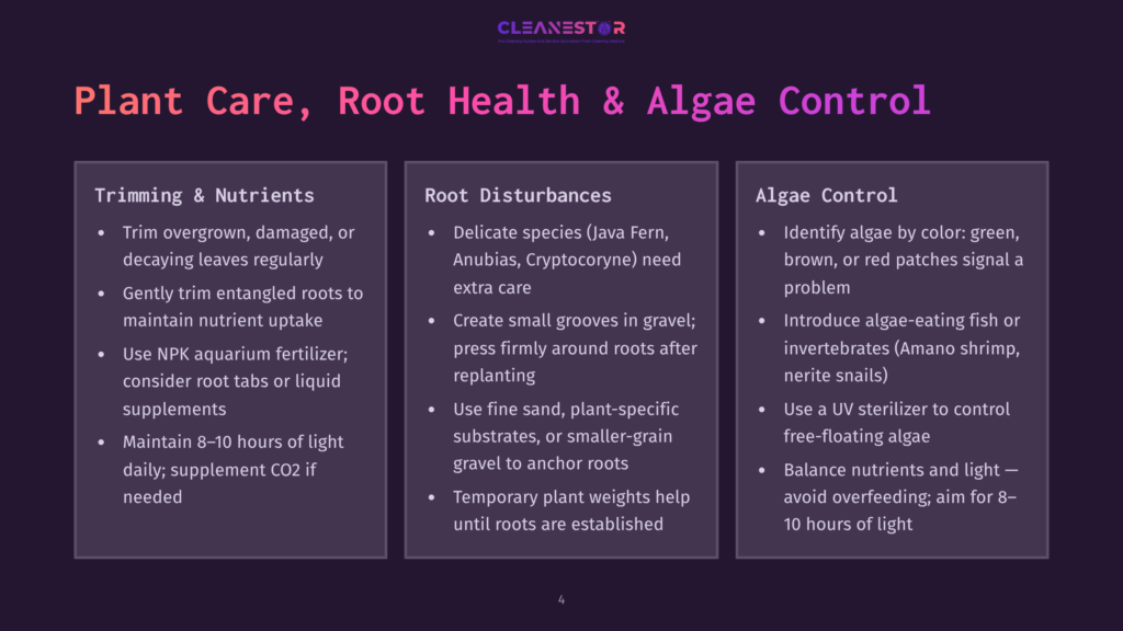 The Cleanestor Logo Is Displayed At The Top Of A Slide With Three Columns Detailing &Quot;Plant Care, Root Health &Amp; Algae Control.&Quot; The Columns Cover &Quot;Trimming &Amp; Nutrients,&Quot; &Quot;Root Disturbances,&Quot; And &Quot;Algae Control&Quot; With Bullet Points.