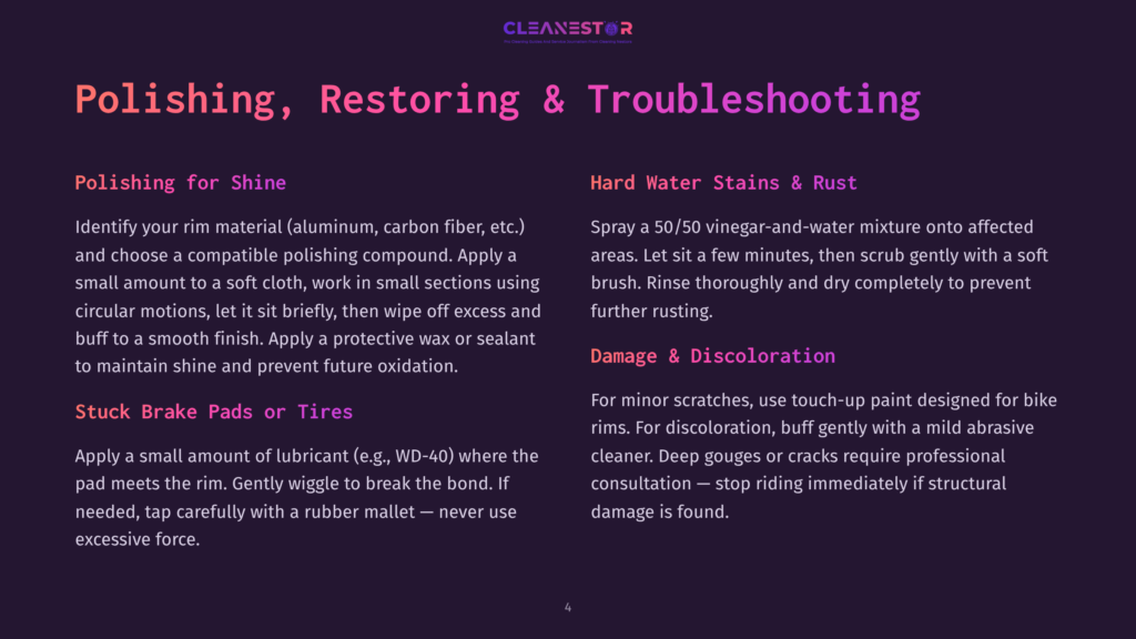 4 Polishing Restoring And Troubleshooting Cleanestor Logo With Title &Quot;Polishing, Restoring &Amp; Troubleshooting&Quot; And Sections On &Quot;Polishing For Shine,&Quot; &Quot;Hard Water Stains &Amp; Rust,&Quot; &Quot;Stuck Brake Pads Or Tires,&Quot; And &Quot;Damage &Amp; Discoloration.