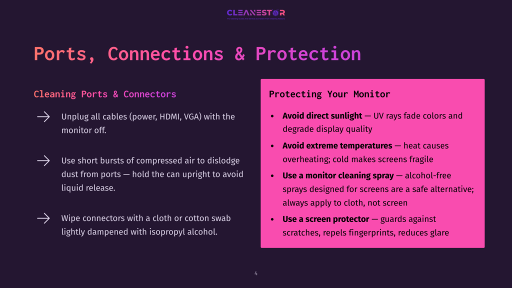 An Infographic With A Dark Purple Background Detailing Care Instructions For Computer Ports And Connections. The Left Side Features A List Of Cleaning Tips: Unplug Cables When Not In Use, Use Compressed Air To Dislodge Dust, And Wipe Connectors With Isopropyl Alcohol. The Right Side Provides Protection Advice: Avoid Direct Sunlight, Extreme Temperatures, And Use Monitor Cleaning Spray And Screen Protector.