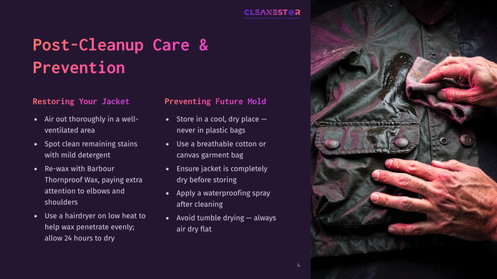 Close-Up Of Hands Cleaning A Waxed Canvas Jacket With A Cloth, Showing Texture And Water Droplets. Text Overlay: &Quot;Cleanestor Post-Cleanup Care &Amp; Prevention&Quot;.