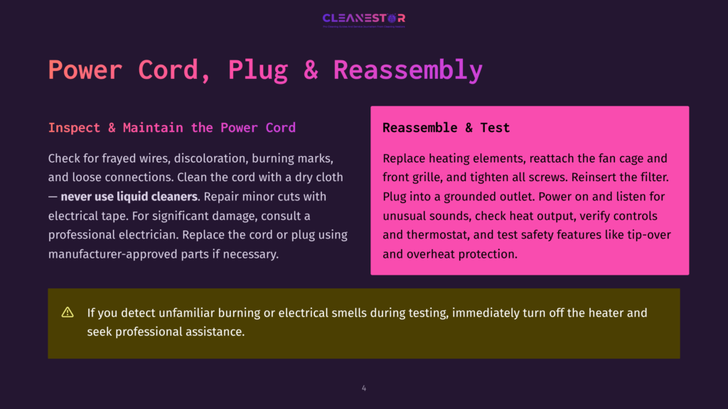 Cleanestor Logo And Text: &Quot;Power Cord, Plug &Amp; Reassembly&Quot;. Instructions For Inspecting And Maintaining Power Cords, And Reassembling A Fan With Heating Elements.