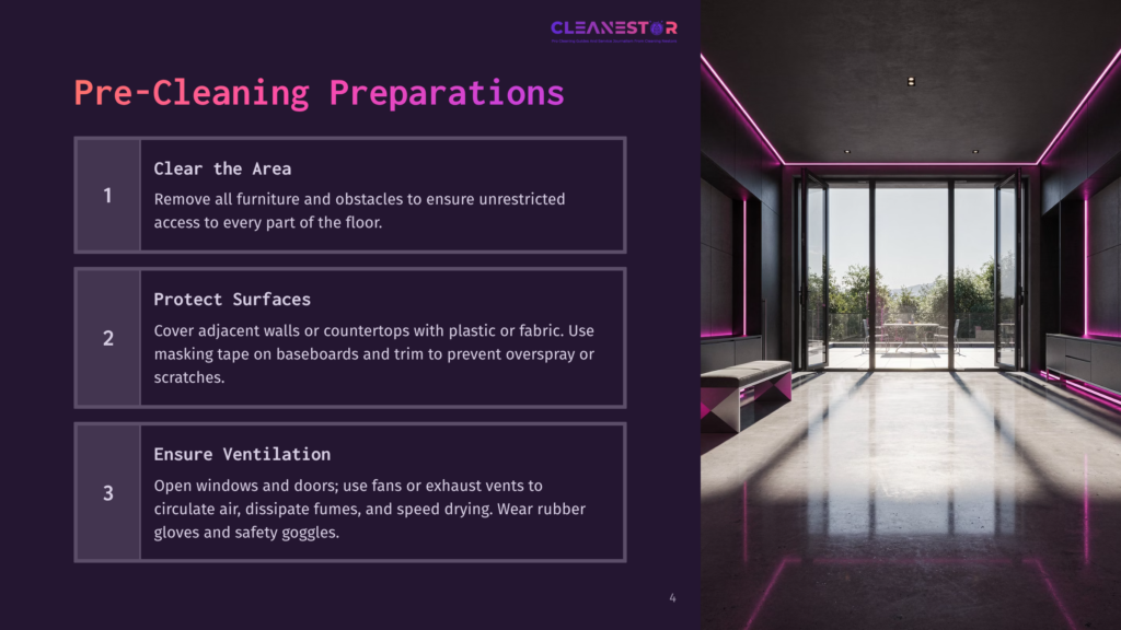 4 Pre Cleaning Preparations Modern, Minimalist Interior With Sleek Dark Cabinetry, A Large Glass-Enclosed Room, And Vibrant Pink Accent Lighting. The Scene Depicts A Clean, High-End Space, Possibly A Showroom Or A Luxury Home, With A Focus On Contemporary Design And Ambient Lighting.