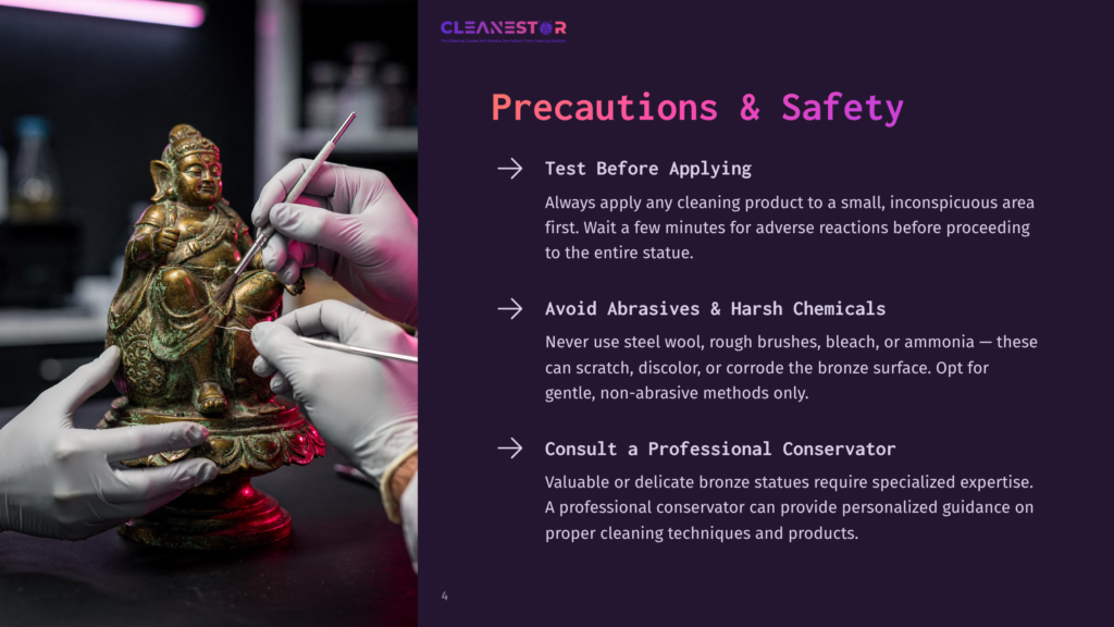 4 Precautions And Safety Two Gloved Hands Cleaning A Bronze Buddha Statue With A Brush, Emphasizing Safety Precautions. The Statue Sits On A Red Pedestal, And The Text Highlights Avoiding Abrasives And Harsh Chemicals.