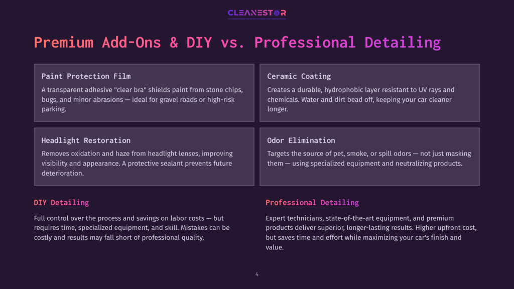 Infographic Comparing Diy Car Detailing With Professional Car Detailing, Highlighting Services Like Paint Protection Film, Ceramic Coating, Headlight Restoration, And Odor Elimination.