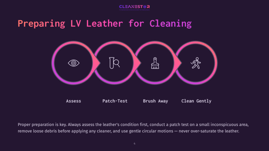 Infographic Illustrating The Four Steps For Preparing Lv Leather For Cleaning: Assess, Patch-Test, Brush Away, And Clean Gently, With Icons Representing Each Step.
