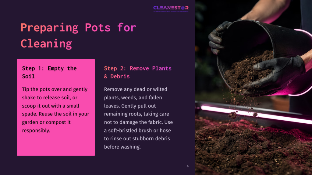 Hands In Black Gloves Empty Soil From A Black Plastic Pot, Revealing Roots And Debris, With Pink Grow Lights In The Background. Text On The Left Describes Preparing Pots For Cleaning.