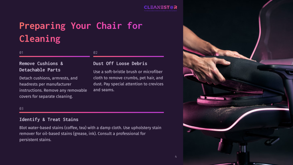 Hands Detaching A Cushion From A Black Gaming Chair, Revealing Dust And Debris, Part Of A Guide On Preparing Your Chair For Cleaning.