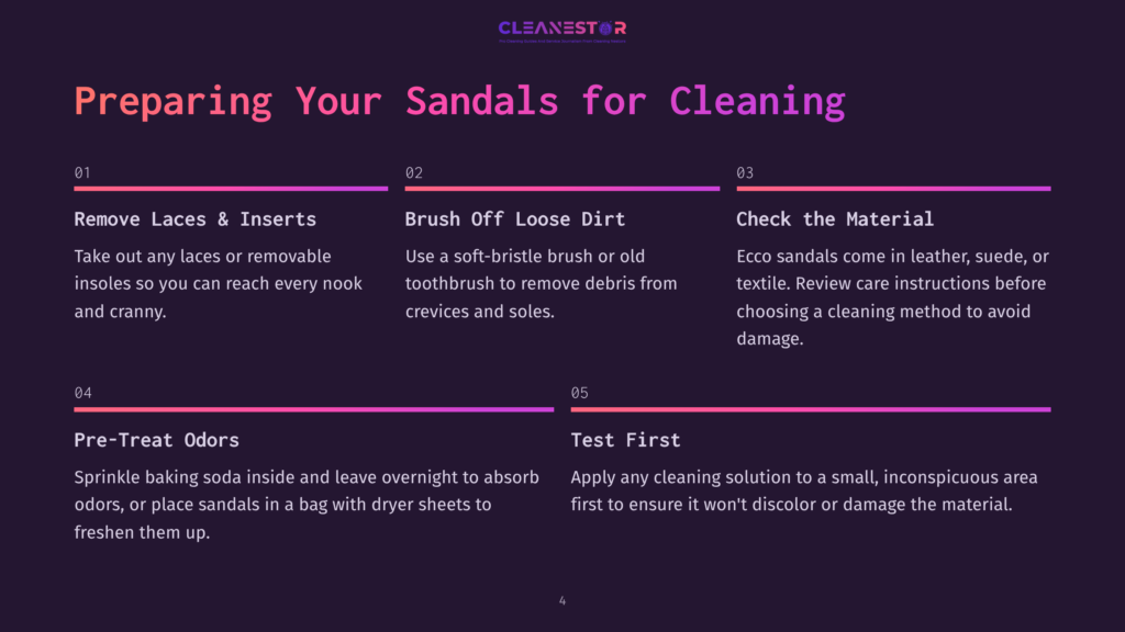 Infographic Titled &Quot;Preparing Your Sandals For Cleaning&Quot; With Steps: Remove Laces &Amp; Inserts, Brush Off Loose Dirt, Check The Material, Pre-Treat Odors, And Test First.