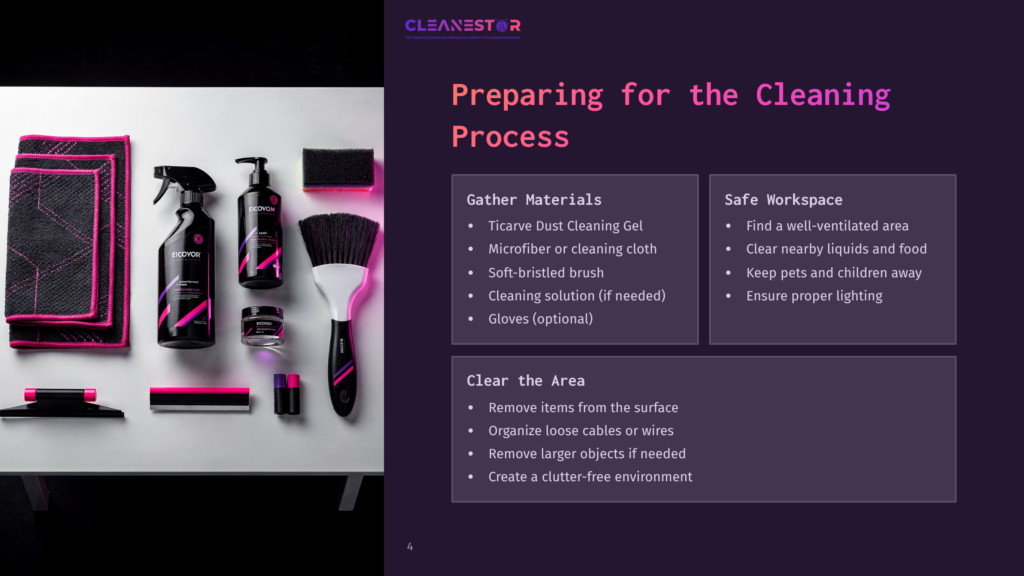 4 Preparing For The Cleaning Process 1 Cleanestor Logo And Text &Quot;Preparing For The Cleaning Process&Quot; With Icons For Cleaning Supplies And Safe Workspace Tips.