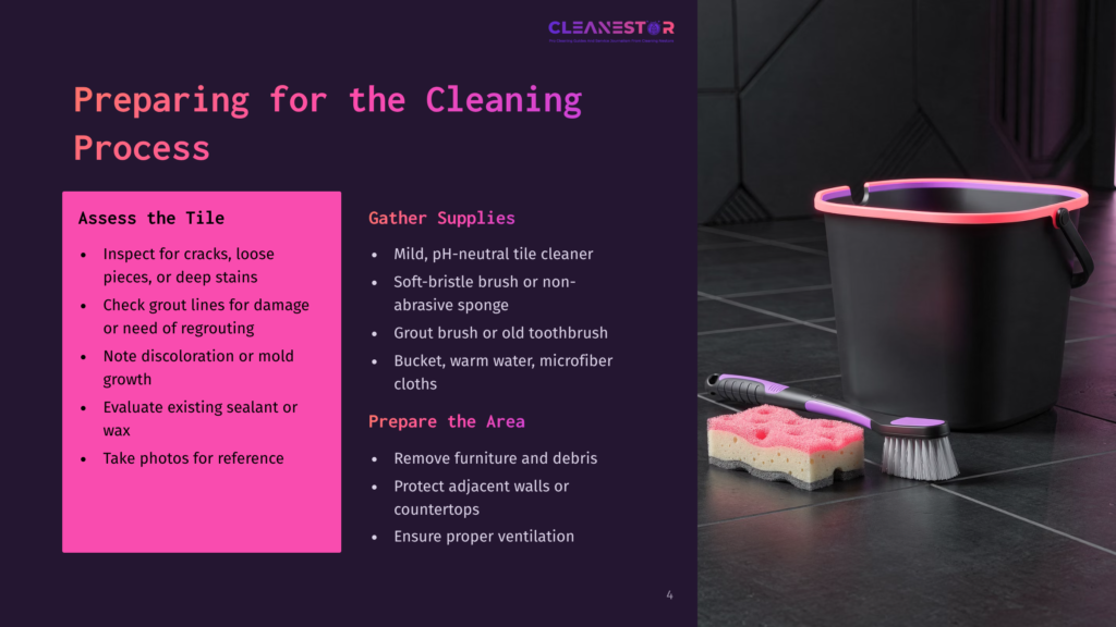 A Pink Grout Brush And Sponge Sit Next To A Purple Bucket With A Neon Pink Rim, Ready For Tile Cleaning. Text On The Left Details &Quot;Preparing For The Cleaning Process,&Quot; Listing Steps Like Inspecting For Cracks And Gathering Supplies Such As Mild, Ph-Neutral Tile Cleaner.