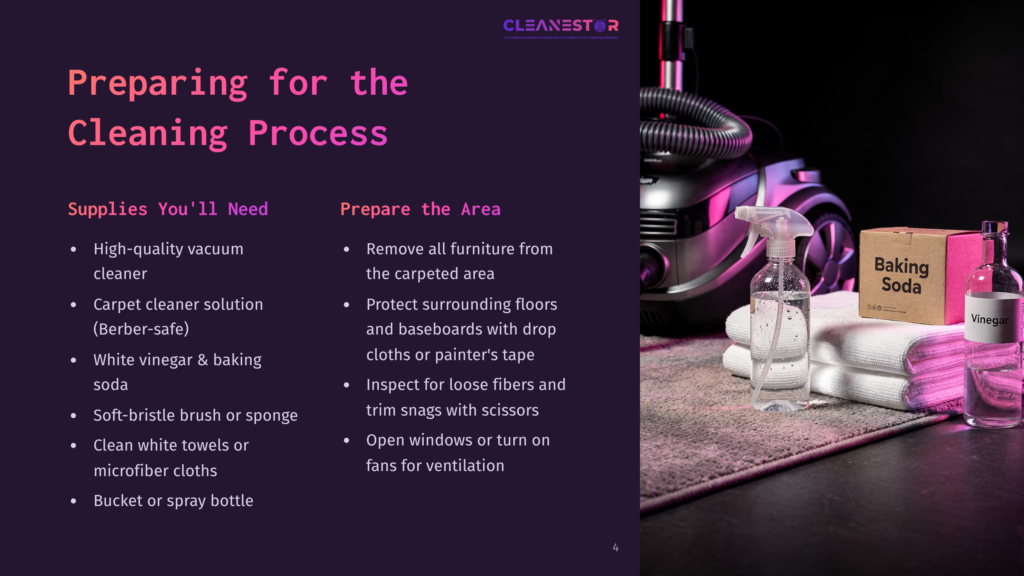 Cleaning Supplies Laid Out On A Carpeted Floor, Including A Vacuum Cleaner, Microfiber Cloths, A Spray Bottle, Baking Soda, And Vinegar. Text Overlays List Preparation Steps For Cleaning.