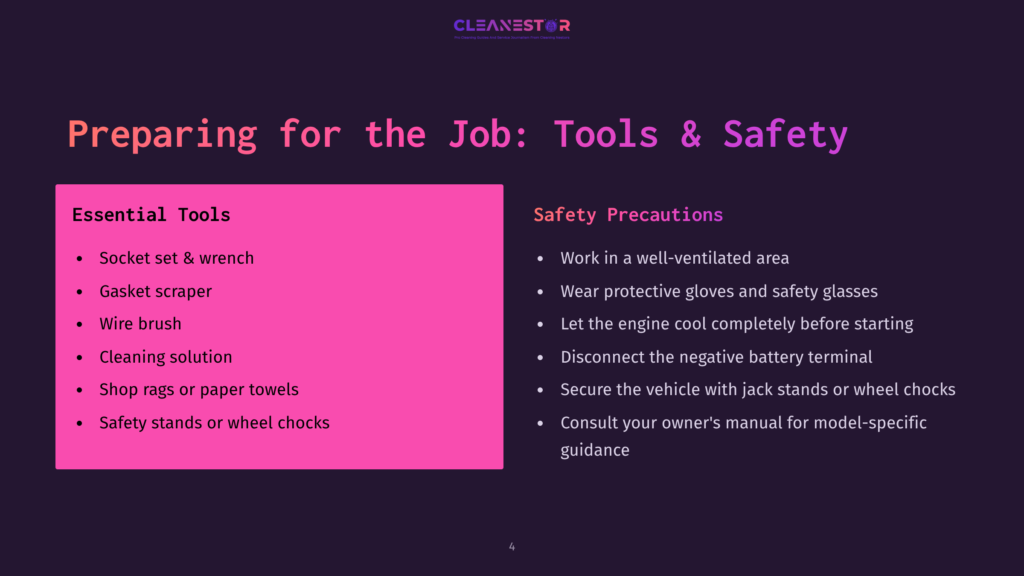 A Dark Purple Slide Titled &Quot;Preparing For The Job: Tools &Amp; Safety&Quot; Lists Essential Tools Like Socket Set, Gasket Scraper, Wire Brush, And Safety Precautions Including Wearing Protective Gloves And Disconnecting The Battery.