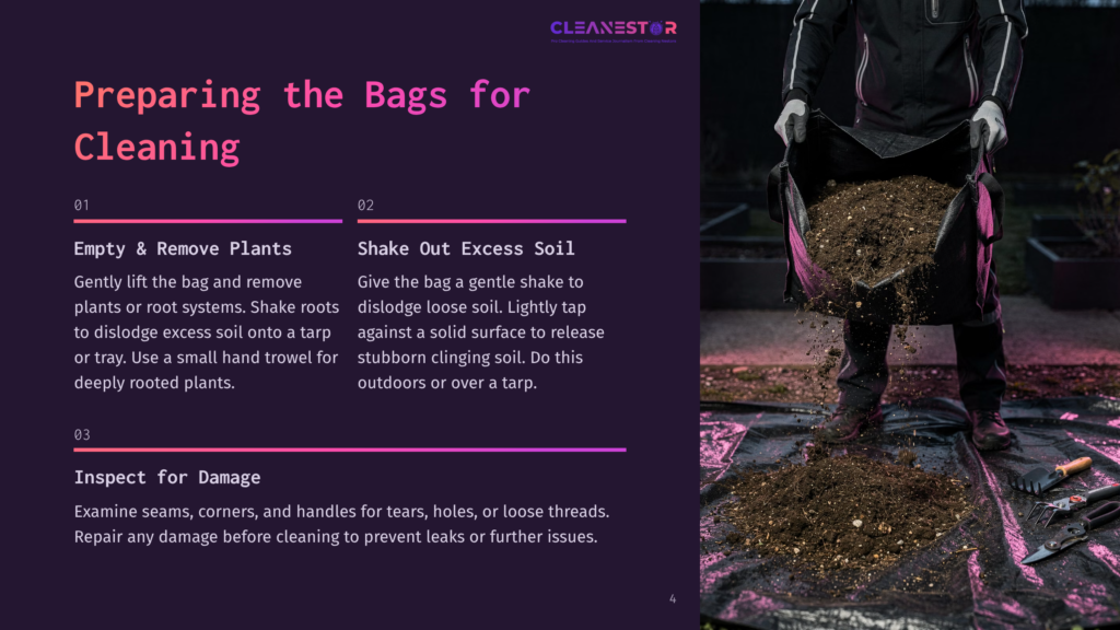 4 Preparing The Bags For Cleaning Person In Black Work Clothes Empties Loose Soil From A Large Black Bag Onto A Tarp, Preparing Bags For Cleaning. Instructions Show How To Empty And Shake Out Excess Soil.
