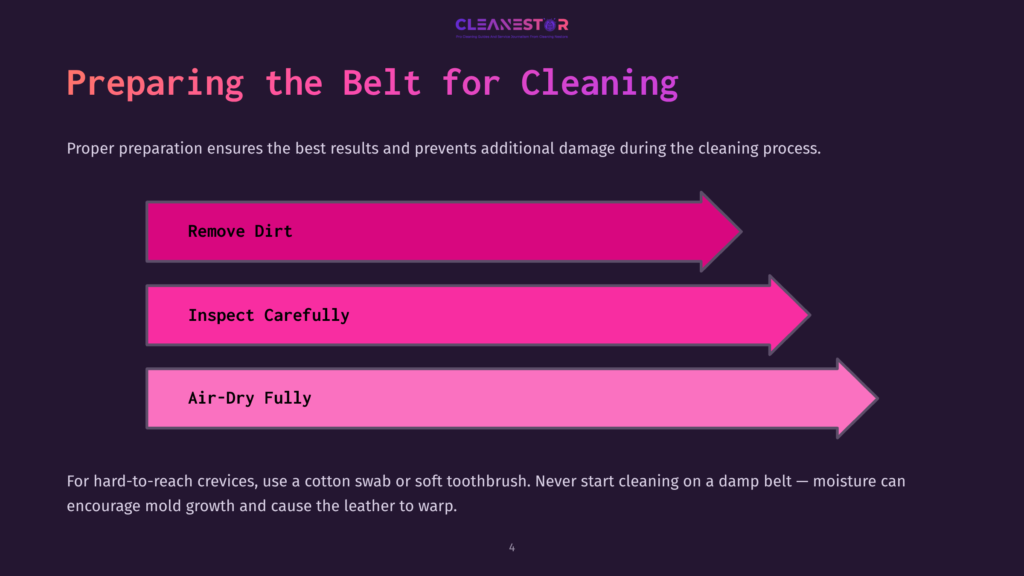 Three Horizontal Arrows In Shades Of Pink And Magenta, With Text Labels: &Quot;Remove Dirt,&Quot; &Quot;Inspect Carefully,&Quot; And &Quot;Air-Dry Fully.&Quot; The Background Is Dark Purple With The &Quot;Cleanestor&Quot; Logo At The Top.