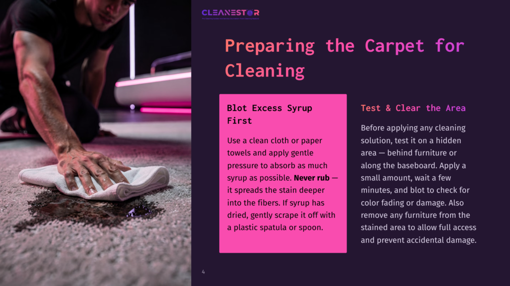 A Person'S Hands Gently Blot A Dark Syrup Spill On A Light-Colored Carpet With A White Microfiber Cloth. The Text &Quot;Cleanestor&Quot; And &Quot;Preparing The Carpet For Cleaning&Quot; Are Visible.