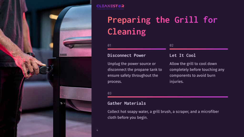 Close-Up Of A Person'S Hands Disconnecting The Propane Tank From A Grill, With Text Overlay: &Quot;Preparing The Grill For Cleaning,&Quot; &Quot;Disconnect Power,&Quot; &Quot;Let It Cool,&Quot; And &Quot;Gather Materials.
