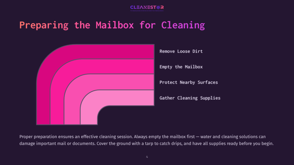 4 Preparing The Mailbox For Cleaning A Dark Purple Background With A Vibrant Pink And Magenta Graphic Illustrating Steps For Preparing A Mailbox For Cleaning: Remove Loose Dirt, Empty The Mailbox, Protect Nearby Surfaces, And Gather Cleaning Supplies. The Text &Quot;Preparing The Mailbox For Cleaning&Quot; Is Prominently Displayed.