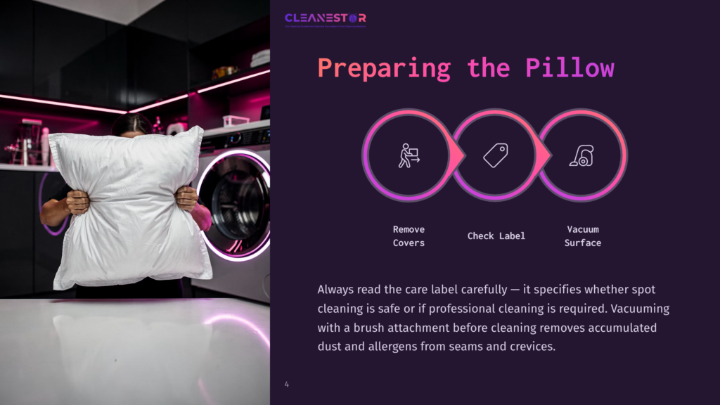 4 Preparing The Pillow A Person Holds A Fluffy White Pillow In Front Of A Washing Machine, With Instructions For Pillow Cleaning Displayed On The Right Side Of The Image, Including &Quot;Remove Covers,&Quot; &Quot;Check Label,&Quot; And &Quot;Vacuum Surface.