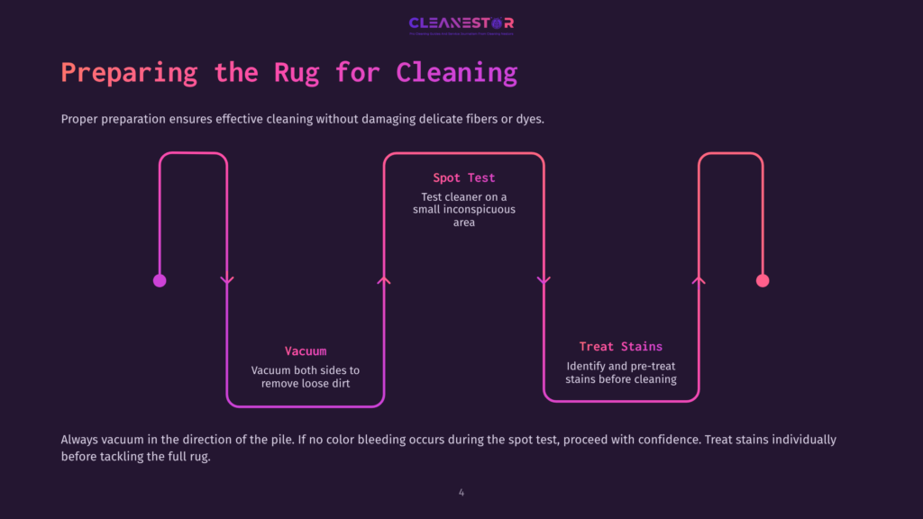 Diagram Illustrating Rug Cleaning Preparation Steps: Vacuum Both Sides To Remove Loose Dirt, Spot Test Cleaner On An Inconspicuous Area, And Treat Stains Individually Before Tackling The Full Rug.
