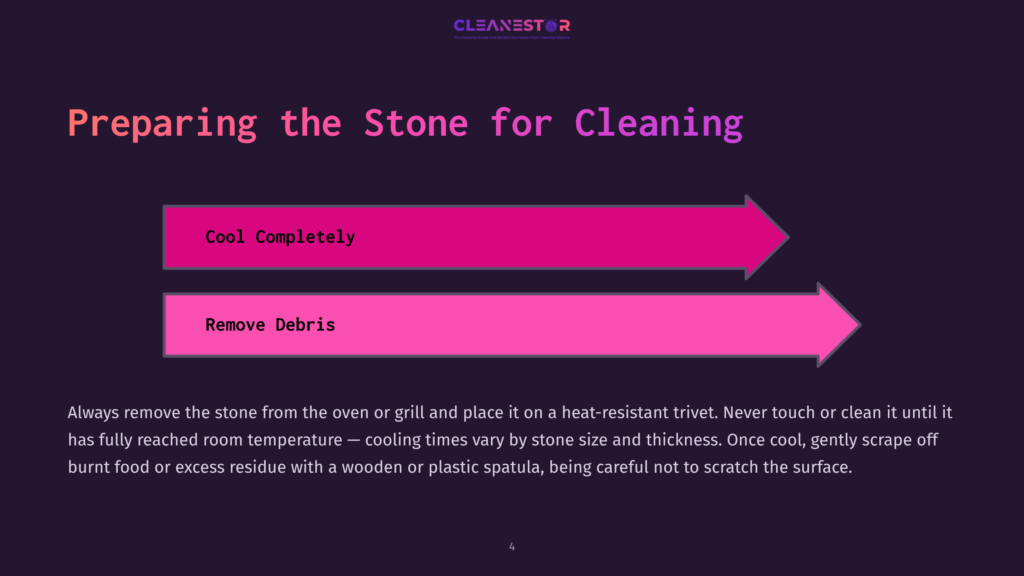 Slide 4: Preparing The Stone For Cleaning. Two Pink Arrows Pointing Right: &Quot;Cool Completely&Quot; And &Quot;Remove Debris.&Quot; Text Below Explains How To Cool And Clean Stone.