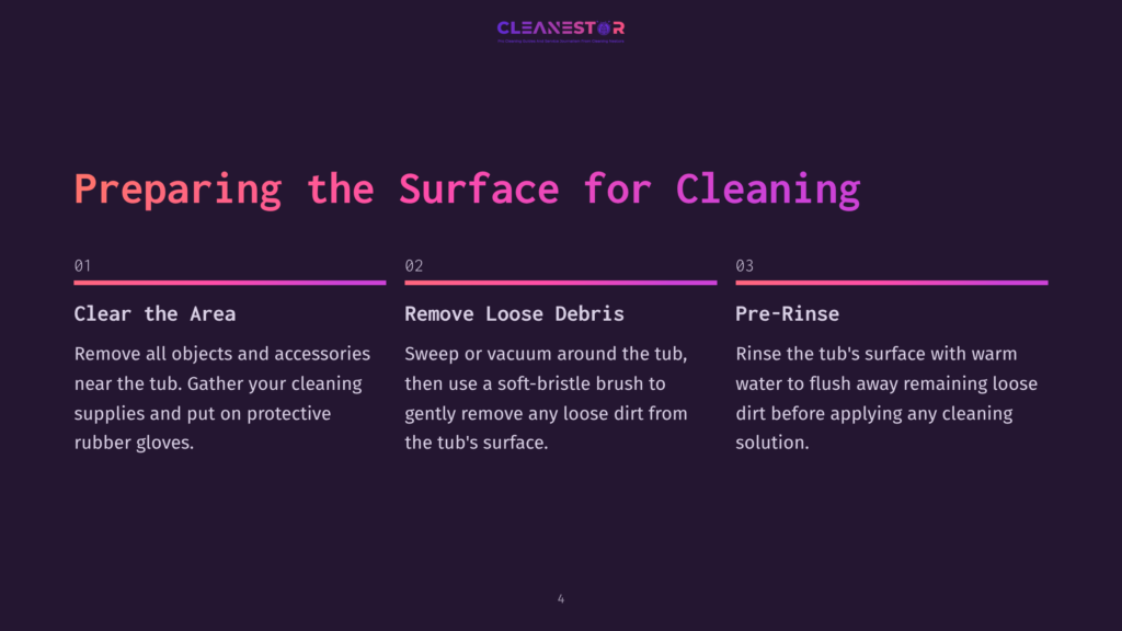 4 Preparing The Surface For Cleaning Infographic Titled &Quot;Preparing The Surface For Cleaning,&Quot; Outlining Three Steps: Clear The Area, Remove Loose Debris, And Pre-Rinse, With Detailed Instructions For Each Step.