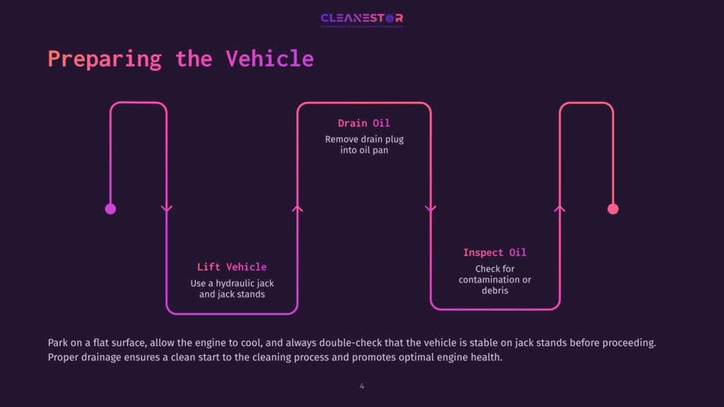 Diagram Illustrating The Initial Steps Of Preparing A Vehicle For Cleaning: &Quot;Lift Vehicle&Quot; And &Quot;Drain Oil.&Quot; The Graphic Shows A Workflow With Two Main Stages, Emphasizing Proper Vehicle Preparation For Optimal Engine Health.