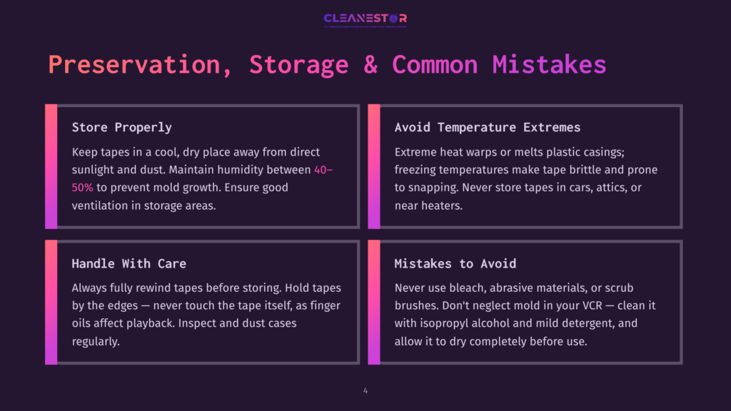 Infographic Titled &Quot;Preservation, Storage &Amp; Common Mistakes&Quot; With Sections On Storing Tapes Properly, Avoiding Temperature Extremes, Handling Tapes With Care, And Mistakes To Avoid.