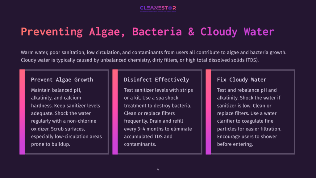 Infographic Detailing Methods To Prevent Algae, Bacteria, And Cloudy Water. Sections Include 'Prevent Algae Growth', 'Disinfect Effectively', And 'Fix Cloudy Water', With Detailed Tips For Each.