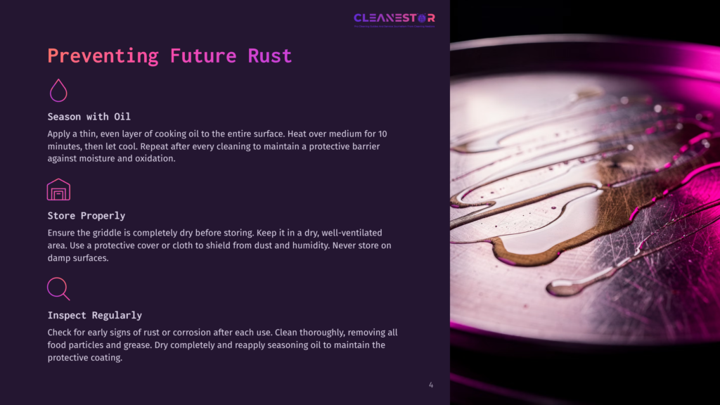 Close-Up Of Cooking Oil Being Poured Onto A Dark, Circular Surface, Creating Shimmering Patterns Under Vibrant Pink And Purple Lighting. Text On The Left Discusses Preventing Future Rust On Cookware.