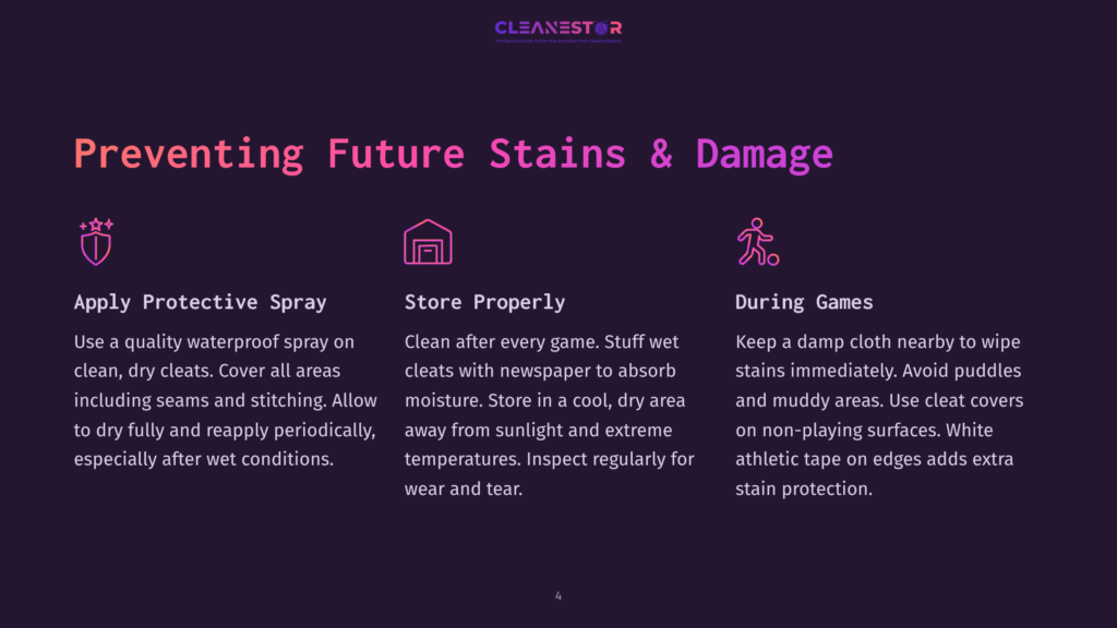 4 Preventing Future Stains And Damage Three Icons Illustrate How To Prevent Future Stains And Damage To Athletic Cleats: A Shield For Protective Spray, A Box For Proper Storage, And A Running Figure For During Games. Text Details Each Method.