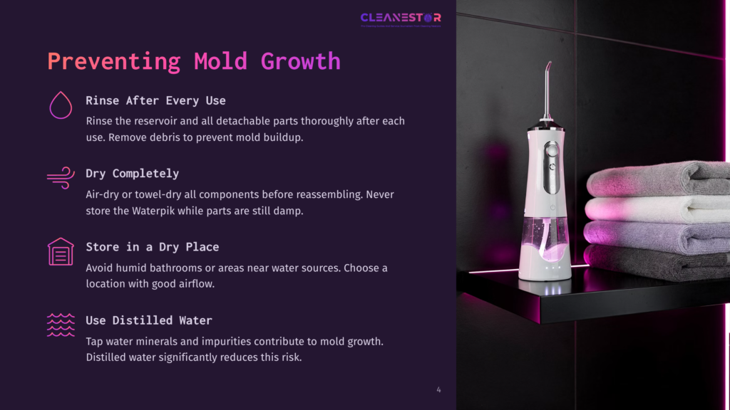 Cleanestor Water Flosser Instructions: Rinse After Every Use, Dry Completely, Store In A Dry Place, Use Distilled Water. A White Cleanestor Water Flosser Sits On A Shelf Next To Neatly Folded Towels.