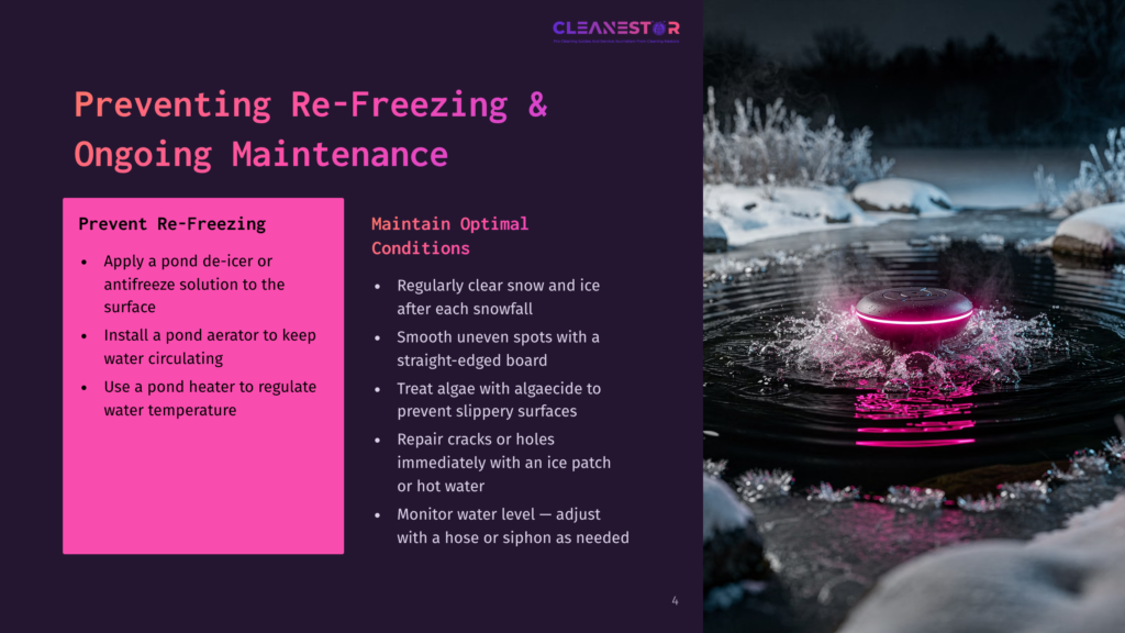 A Pink, Glowing Pond Aerator Sits In A Partially Frozen Pond, With Ice Crystals On Surrounding Branches. Text On The Left Discusses Preventing Re-Freezing And Ongoing Maintenance For Ponds.