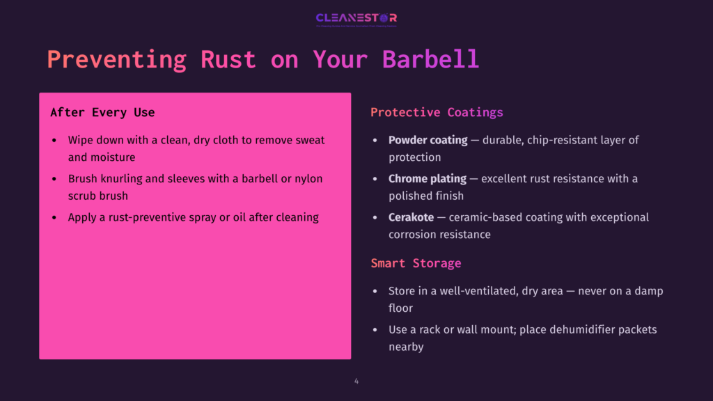 Presentation Slide Titled &Quot;Preventing Rust On Your Barbell&Quot; With Tips For After Every Use And Smart Storage, Including Wipe Down, Brush, Rust-Preventive Spray, And Protective Coatings Like Powder And Ceramic Coating.