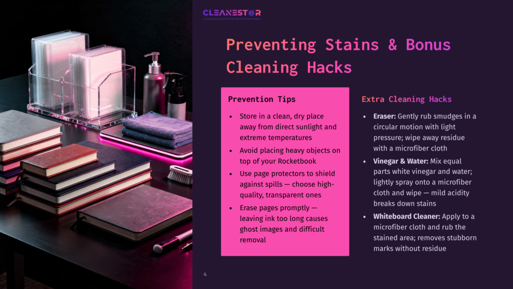 Cleanestor Logo And &Quot;Preventing Stains &Amp; Bonus Cleaning Hacks&Quot; Text Overlay On A Stylized Image Of Notebooks And Cleaning Supplies. The Image Includes Notebooks, A Clear Acrylic Organizer With Paper Or Cloths, And Cleaning Tools, With A Pink Overlay Highlighting Cleaning Tips.