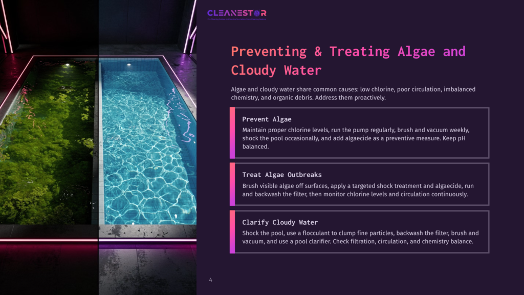 A Pool With Visible Algae On The Surface, Surrounded By A Dark Background With Neon Lights, And Text Overlays Explaining How To Prevent And Treat Algae And Cloudy Water.