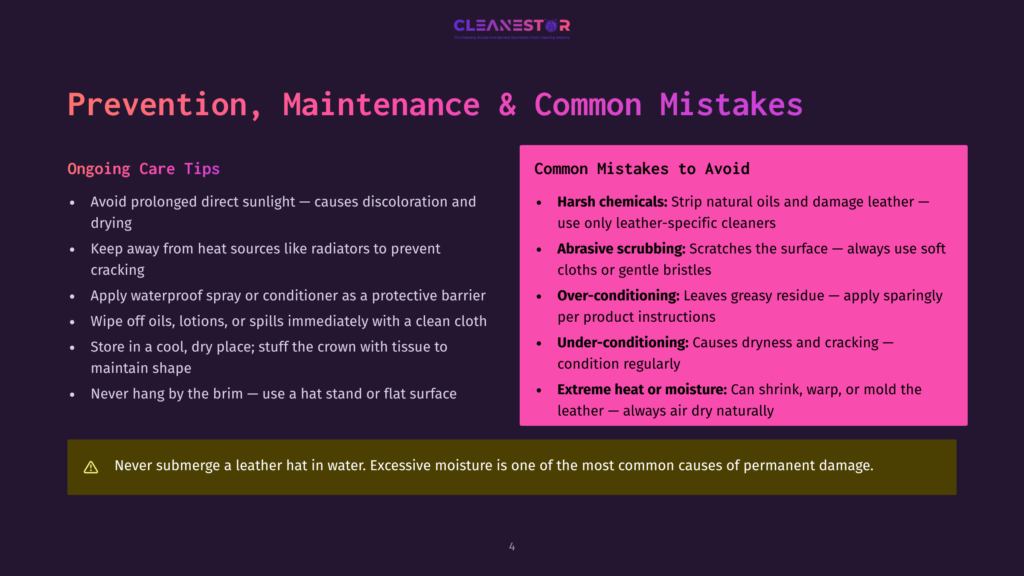Dark Purple Slide With Text About Leather Hat Prevention, Maintenance, And Common Mistakes. Key Points Include Avoiding Sunlight, Heat Sources, And Improper Cleaning, With A Warning About Excessive Moisture.