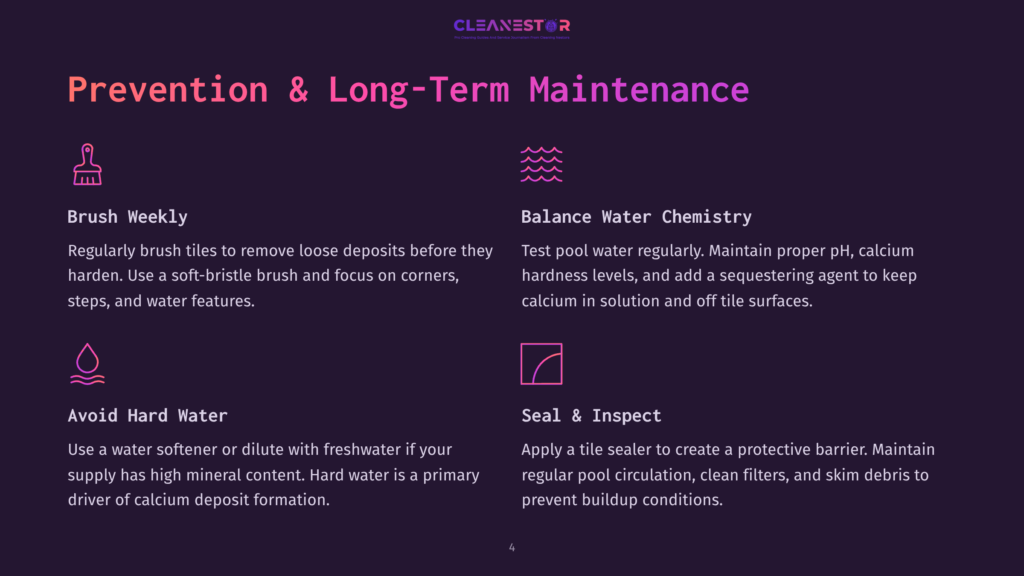 4 Prevention And Long Term Maintenance Infographic With Text: Prevention &Amp; Long-Term Maintenance. Sections Include Brush Weekly, Balance Water Chemistry, Avoid Hard Water, And Seal &Amp; Inspect, With Icons.