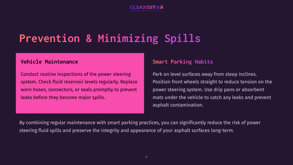 Cleanestor Logo With The Text &Quot;Prevention &Amp; Minimizing Spills&Quot; And Sections On &Quot;Vehicle Maintenance&Quot; And &Quot;Smart Parking Habits.