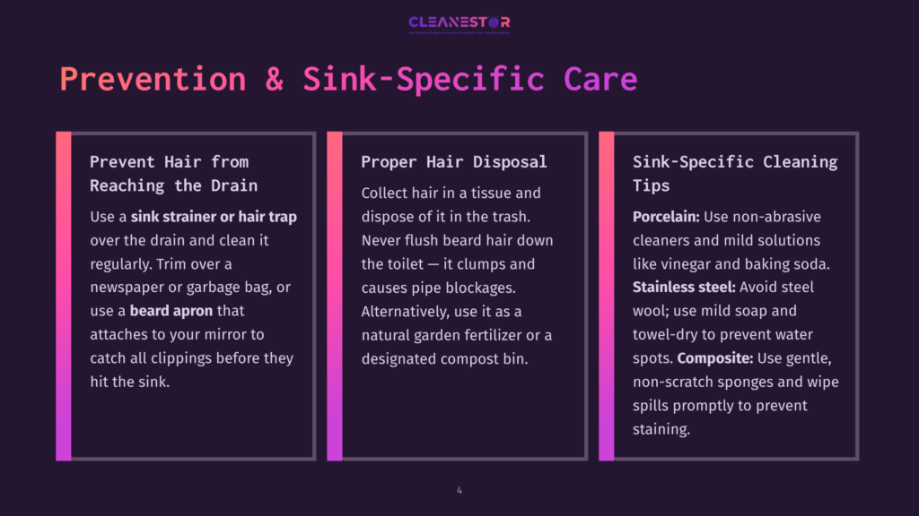 A Dark Purple Background With Three Vertical Panels Of Text. The Left Panel Is Titled &Quot;Prevent Hair From Reaching The Drain&Quot; And Offers Tips On Using Sink Strainers And Aprons. The Middle Panel Is Titled &Quot;Proper Hair Disposal&Quot; And Advises On Disposing Of Hair In Tissue Or Compost. The Right Panel Is Titled &Quot;Sink-Specific Cleaning Tips&Quot; And Lists Advice For Porcelain And Stainless Steel Sinks.