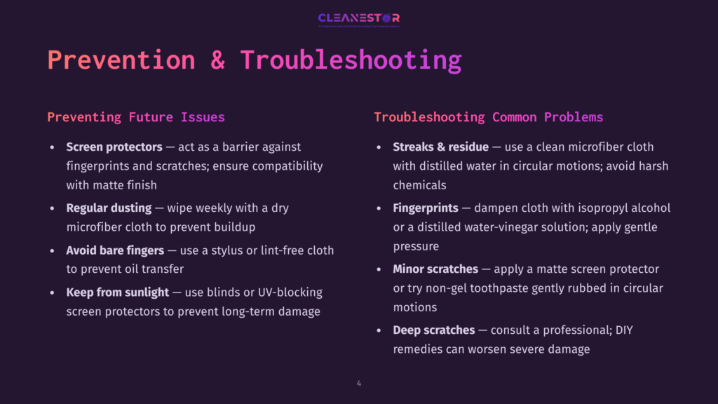 Prevention &Amp; Troubleshooting Guide For Screens: Includes Tips For Screen Protectors, Regular Dusting, Keeping Sun Out, Streaks &Amp; Residue, Fingerprints, Minor Scratches, And Deep Scratches.
