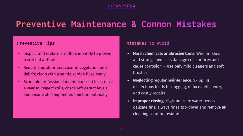 Preventive Tips And Common Mistakes For Hvac Maintenance, Including Inspecting Air Filters, Clearing Outdoor Units, And Avoiding Harsh Chemicals. The Text Is On A Dark Purple Background With A Pink Section On The Left.