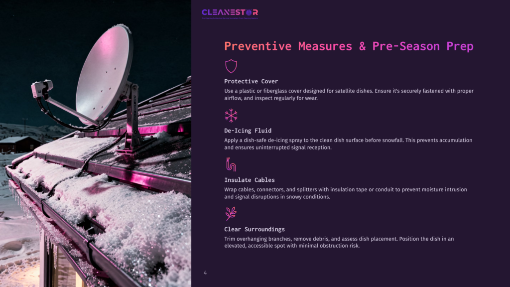 A Satellite Dish On A Snowy Roof Is Illuminated By Pink Lights, With Icicles Hanging From The Gutters. The Image Is Part Of A &Quot;Preventive Measures &Amp; Pre-Season Prep&Quot; Guide.