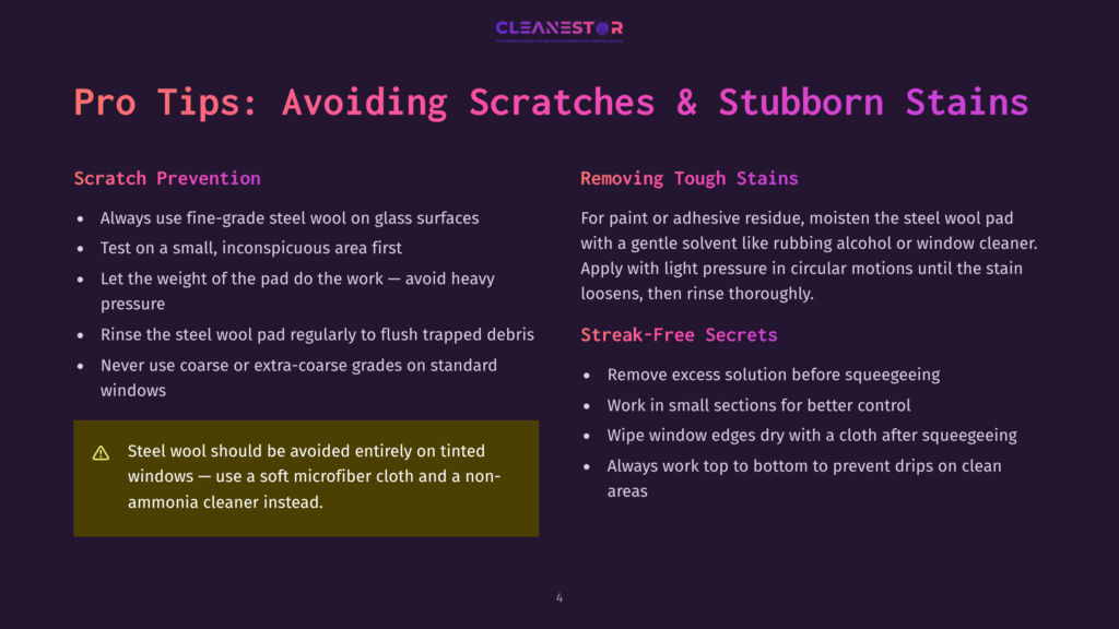 Presentation Slide Titled &Quot;Pro Tips: Avoiding Scratches &Amp; Stubborn Stains&Quot; With Two Columns Of Advice For Cleaning Glass And Removing Tough Stains.
