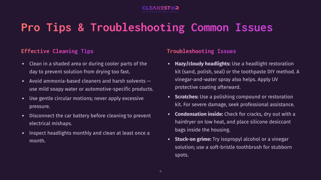 4 Pro Tips And Troubleshooting Common Issues An Infographic Displays Cleaning Tips And Troubleshooting Issues For Headlights On A Dark Background. Text Reads &Quot;Pro Tips &Amp; Troubleshooting Common Issues,&Quot; With Two Main Sections: &Quot;Effective Cleaning Tips&Quot; And &Quot;Troubleshooting Issues.&Quot; The Tips Include Cleaning In Shaded Areas, Avoiding Ammonia-Based Cleaners, Using Gentle Circular Motions, And Disconnecting The Car Battery Before Cleaning. Troubleshooting Issues Involve Hazy/Cloudy Headlights, Scratches, Condensation Inside, And Stuck-On Grime. The Infographic Is Clear, Informative, And Designed To Assist With Headlight Maintenance.