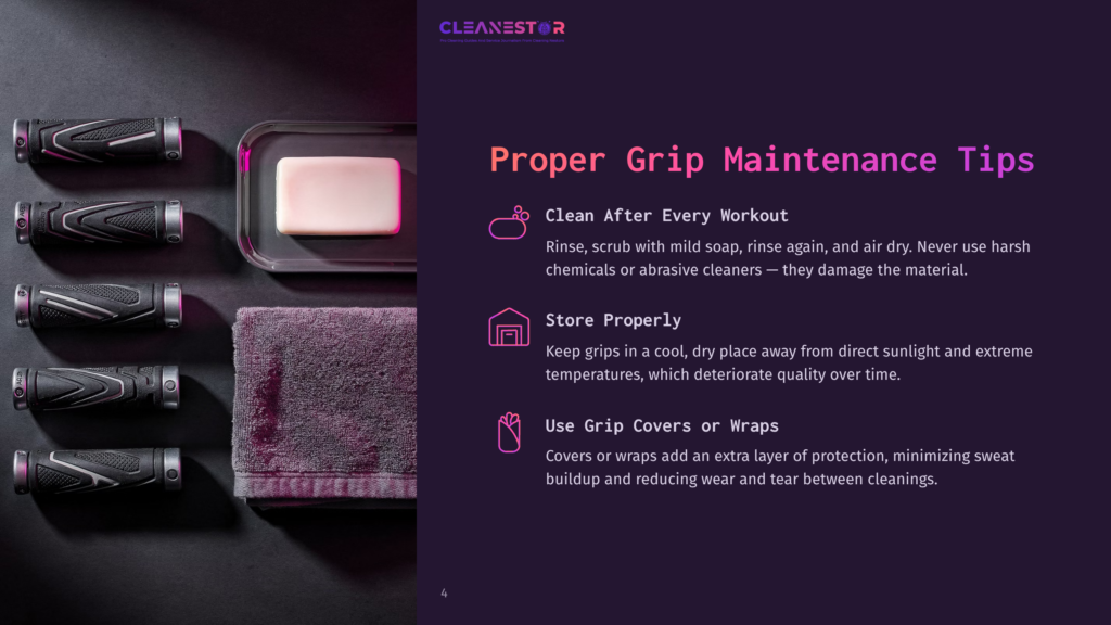 Cleanestor Logo And &Quot;Proper Grip Maintenance Tips&Quot; Text. Image Shows Bicycle Grips, A Bar Of Soap, And A Purple Towel On A Dark Background.