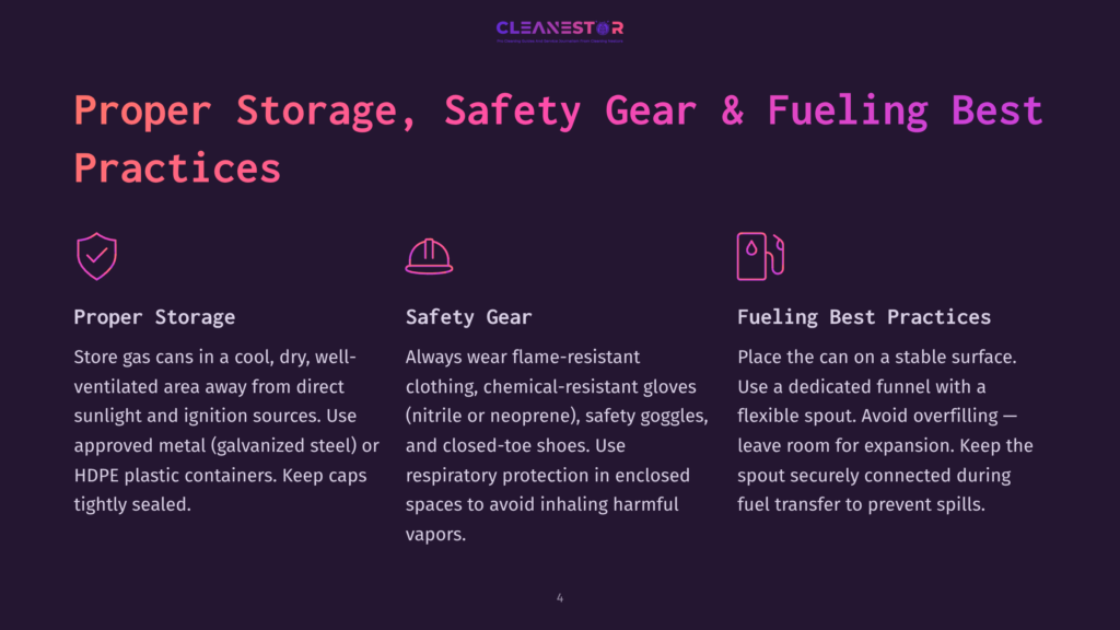 4 Proper Storage Safety Gear And Fueling Best Practices Proper Storage, Safety Gear &Amp; Fueling Best Practices: Icons For Storage, Safety Gear, And Fueling With Text Detailing Safe Practices For Storing Fuel Cans, Wearing Protective Clothing, And Using A Funnel For Refueling.