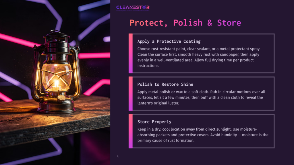 4 Protect Polish And Store 1 A Vintage Lantern With A Warm, Glowing Light Sits On A Rustic Wooden Surface, Set Against A Dark Background With Vibrant Pink And Purple Neon Light Streaks. Text Overlays Provide Instructions For Cleaning And Storing The Lantern.