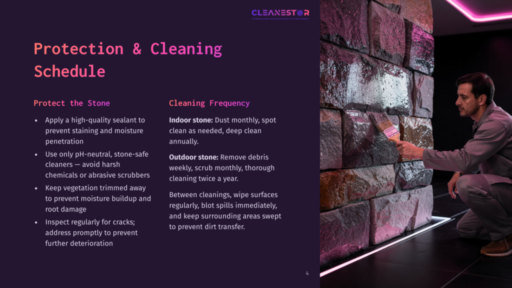 4 Protection And Cleaning Schedule Man In Blue Shirt Brushes Dark Stone Wall, Cleanestor Logo And Protection &Amp; Cleaning Schedule Text Visible.